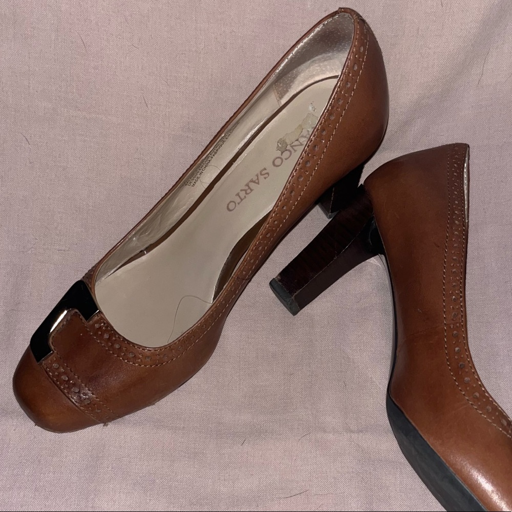 Franco Sarto Brown High Heel Pumps with Gold Buckle Accent
